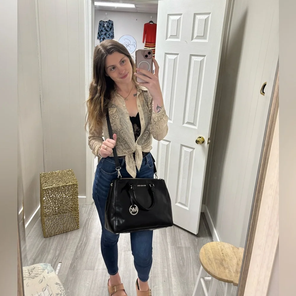 Michael Kors Black Leather Tote with Silver Charm